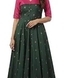 putchi Silk Cotton V-Neck Puff Elbow Sleeves Ankle-Length Flared Aruvi Feeding Dress - Emerlad Green-picture-13