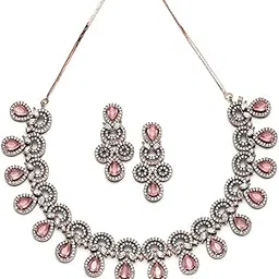 Black and Rose Gold Plated Pink American Diamond Necklace Set for Women-image-1