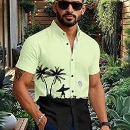 lamboo Men's Hawaiian Style Tropical Sunset Beach Print Button Up Fashion Branded Digital Printed Stretchable Fabric Half Sleeve Cut Away Collar Casual Shirt-picture-10