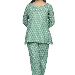 crafiqa Jaipuri Printed Soft Cotton Night Suits/Night Dress for Women/Girl - SEA Green-picture-51