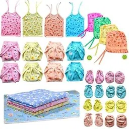 KmCho Newborn Baby Care Cloth Set Combo (28 Pcs) – 4 Jhabla, 8 Nappy, 8 Mittens, 4 Caps & 4 Plastic Mats – Soft Hosiery Fabric for Boys & Girls – Comfortable & Skin-Friendly Essentials-image-5