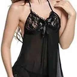 dhrexv Women's Lace Solid Above The Knee Babydoll (1001_Black_Free Size)-picture-49