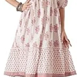 globus Women Ethnic Floral Print V-Neck Puff Sleeves Flared Hem Tiered A-Line Fusion Dress-picture-17