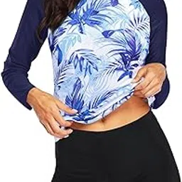 daci Women Rash Guard Long Sleeve Swimsuits UV UPF 50+ Swim Shirt Bathing Suit with Boyshort Bottom, Blue Leaf1, Medium-picture-22