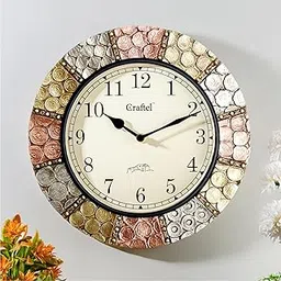 Craftel Wooden Wall Clock for Home Décor | Analog Round Wall Clock with Glass | Antique Coin Studded Brass Finish Diwar Ghadi | Decorative Hanging Clocks for Living Room Office and Bedroom, 30 x 30 cm-picture-11