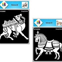 SWAGSTATION Indian Camel Stencil & Indian Horse Stencil - 6x6x Inch 2 Stencil -Tribal Stencil - Animal Stencils for Craft and Art - Animal Stencils for Painting on Canvas - Indian Folk Art Stencils-picture-31