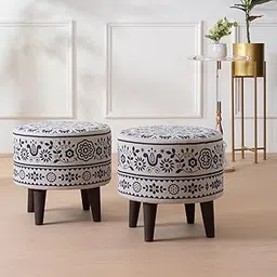 HOME 360 Floral Pattern Printed Fabric & Wooden Ottomans Footstools | 40X40X38 CM | Pouffe for Sitting and Footrest | Furniture for Home Decor | Dressing Table Stool | Living Room | Set of 2 | Blue-image-21