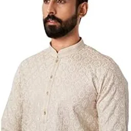 Men Beige Matka Silk Embroidered Kurta with Pyjama-image-62