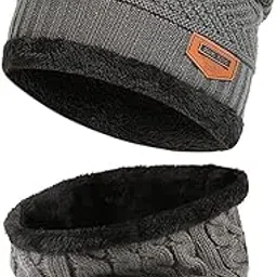 DIGITAL SHOPEE Winter Knit Beanie Woolen Cap for Men/Women with Neck Scarf Fur Fleece (Set of 2)-picture-10