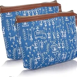 Kuber Industries Toiletry Pouch|Warli Print Travel Cosmetic Pouch|Canvas Waterproof Makeup Pouch with Handle|Pack of 2 (Blue)-picture-31