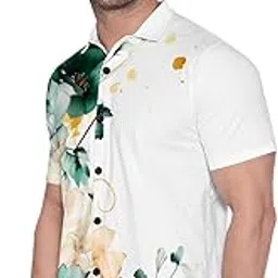 Floral Print Button-Down Polo Shirt, White with Green and Gold Design, Short Sleeve Latest-picture-49