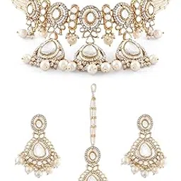 Gold Tone Dazzling Stones Multistrand Beaded Choker Necklace Earring & Maangtikka Set For Women-ZPFK17788-image-39