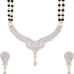 zeneme Mangalsutra Gold Plated American Diamond Studded Tanmaniya Nallapusalu With Earrings Jewellery For Women-picture-11