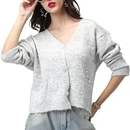 showoffff Women's Ribbed Embellished Grey V-Neck Cardigan-CHN-1099_Grey-picture-12