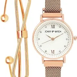 joker & witch Stainless Steel Dusk Rosegold Analog Watch Bracelet Set For Women, White Dial, Rose Gold Band-picture-25