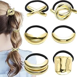 6 Pcs Hair Cuffs for Ponytails, Metal Hair Tie, Geometric Gold Head Wear, Fashionable Bright Surface Gold Ties, Metal Elastic Bands, Ponytails Accessories for Ladies and Girls-picture-28