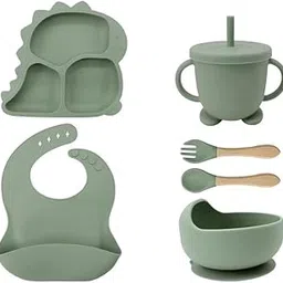 TERI BERI 5-in-1 Silicone Baby Feeding Set | Suction Bowl, Sippy Cup, Bib, Spoon & Fork, Dinosaur Plate | BPA Free, Food Grade, Unbreakable, Dishwasher Safe | Baby Weaning Feeding Set (Green)-image-32