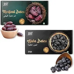JB&CO - Ajwa & Medjool Dates combo - Imported from UAE - Holy City of Madina | premium Arebian Black Ajwa Khajoor and Medjool | Dates Original | No Added Sugar or Preservatives - Non Pitted | Khajoor | Khajur |100% Natural | Super Saver Pack of 1 KG 500g each (2 X 500g)-image-2
