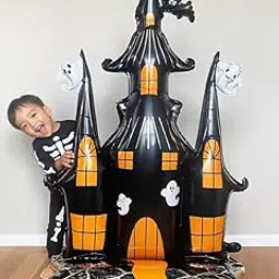 Atpata Funky 5 Feet Jumbo Halloween Theme Spooky Horror Haunted House Haunted Castle shape Foil Balloon with Bats and Ghost - Black and Orange Trick or Treat Theme Kids Party Decorations-image-37