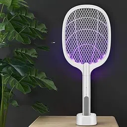 Woreek Mosquito Killer Racket Rechargeable Handheld Electric Fly Swatter Mosquito Killer Racket Bat with UV Light Lamp Racket USB Charging Base, Electric Insect Killer (White)-picture-36
