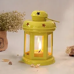 eCraftIndia Metal Lantern Decoration with Tea Light Candle (10 cm x 10 cm x 15 cm, Yellow)-picture-41