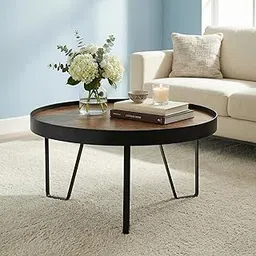 Round Coffee Table with Solid Wood Top & Black Metal Frame for Living Room | Modern Minimalist Center Table for Home Décor | Durable & Stylish Wooden Coffee Table for Sofa and Lounge-image-31