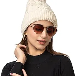 amoldo Winter Warm Skull Beanie Hat for Women with Fur Lining | Women's Woolen Soft Knitted Beanie Cap with Fleece for Cold Weather (Pearls Design)-picture-28