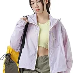 zibuyu UPF 50+ Sun Protection Jacket Stylish Cropped Sunscreen Top for Women Ultra-light Quick Dry Hoodie with Back Air Vent & Chest Zip Pocket, Water-Proof UV Coat for Outdoor, Light Purple, L-picture-20