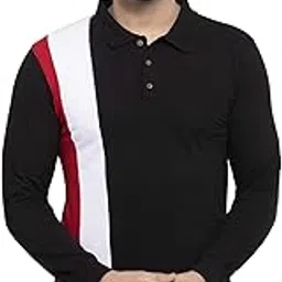kalt Men's Full Sleeves Multicolour Polo Neck Cotton Blend Vertical Stripe T-Shirt (Black, White, Red)-picture-18