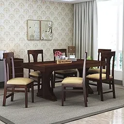 WOODSTAGE Sheesham Wood 6 Seater Dining Table with Cushioned Chairs for Living Room Wooden Dining Room Set for Home (Walnut Finish) image 1