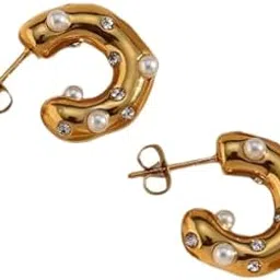glam jewels GLAM JWELL STORE 18k gold plated Crescent Hoop Earrings with Pearl and Crystal Embellishments, 18K Gold Plated, Small-picture-31