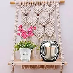 Urooz Macram© Handmade Woven Cotton Rope Bohemian/Boho Wall Wood Hanging Shelf Organizer (Medium,Ivory, Beige)-930-picture-17