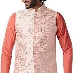 kisah Mens Waistcoat, Nude Cotton Blend, Embellished Regular Fit Mandarin Collar Sleeveless-picture-42