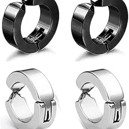 Trendy Black And Silver Round Shaped Press Non-Piercing Style Clip On Metal Barbell Earring Hoop Bali Stud For Men And Women-image-3