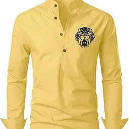 finaxo fashion Men's Solid with Lion Print Cotton Blend Long Sleeve Mandarin Collor Reguler Fit Stylist Kurta Shirt | Cotton Blend Short Straight Kurta for Men-picture-19