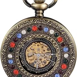 Half Hunter Hand Wind Up Mechanical Pocket Watch Vintage Roman Numerals Skeleton Watches with China&Box, bronze-60, gift-image-39