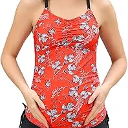 Maternity Athletic Tankini Swimsuits Two Piece Floral Print Ruched Tops with Shorts, Red Floral, Medium-image-1
