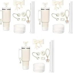 HASTHIP® 3 Set for Stanley Cup Accessories & Charm Kit Set of 9Pcs Fashion Straw Accessories Kit Cute Bow Straw Cap, 2 Straight Straws, Cleaning Brush, Butterfly Handle Charm, Cup Bottom Sleeve X3-image-6