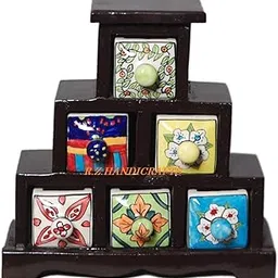 R.Z.HANDICRAFTS Wooden Drawer Chest With Ceramic Drawers 6 Black Color Containers Used For Home Office Jewelry Spices Multipurpose Box-picture-36
