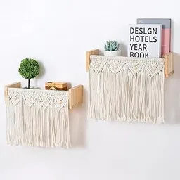 ecofynd Macrame Wall Hanging Wood Small Floating Shelves, Small Boho Bookshelf, Plant Shelf, Woven Wooden Rack for Nursery Bathroom Bedroom Wall Decor (Pack of 2, WSH001)-image-35