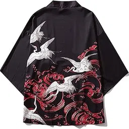 xbslj Kimono Cardigan Men，Mens Printing Coat, Japanese Kimono Outerwear, Vintage Cloak, Loose Fit Cardigan,Black-Medium-picture-10
