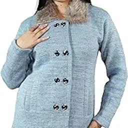 creative panther Women's Knitted Cardigan, Light Blue, Faux Fur Collar, Double-Breasted Button Front, Winter Wear-picture-23