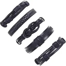 jewelgenics 5 PCS Braided Multilayer Adjustable Unisex Leather Bracelet Wrap for Men Women (Black)-picture-41