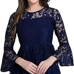 Women Russel Net with Inner Solid Tops, Round Neck with Bell Sleeve-picture-51
