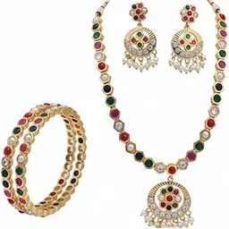 The Madras Vault Traditional Navaratna Necklace Set with Earrings & Bangles for Women | Gold-Plated Temple Jewelry with Multi-Color Stones & Pearls-picture-47