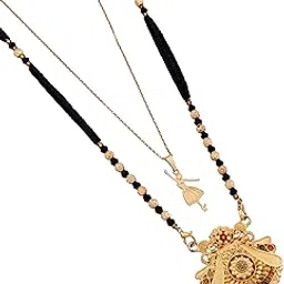malkyn Women's Gold Plated Traditional Indian Mangalsutra Necklace with Intricate Enamel-Accented Peacock and Floral Motif Pendant and Layered Ballerina Charm Set, Black Beaded Wedding Jewelry-MD-153-picture-21
