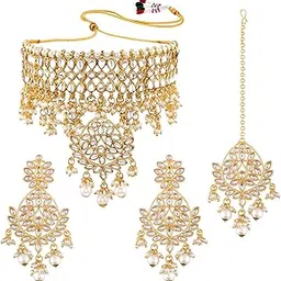 peora Gold Plated Kundan Pearl Choker Necklace with Earring Maang Tikka Jewellery Set for Women|Mothers Day Gifts for Mom-picture-55