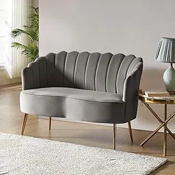 Wud Oak Modern Chesterfield Velvet Loveseat Sofa Channel Tufted 2 Seater Curved Back Sofa with Golden Metal Legs for Living Room Bedroom Hallway (Grey)-image-57