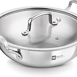 BERGNER BE Essentials Triply Stainless Steel 28cm / 5 L Kadai with Flat Glass Lid, Kadhai with Lid, Consumes Less Oil, Healthy Cooking, Mirror Shiny Finish, Easy to Clean - Full Induction Bottom-image-16
