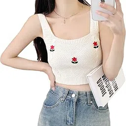 icw Women's Knitted Ribbed Self Design Embroidery Sleeveless Crop Vest Sling Cami Tank Top Dn99-picture-14